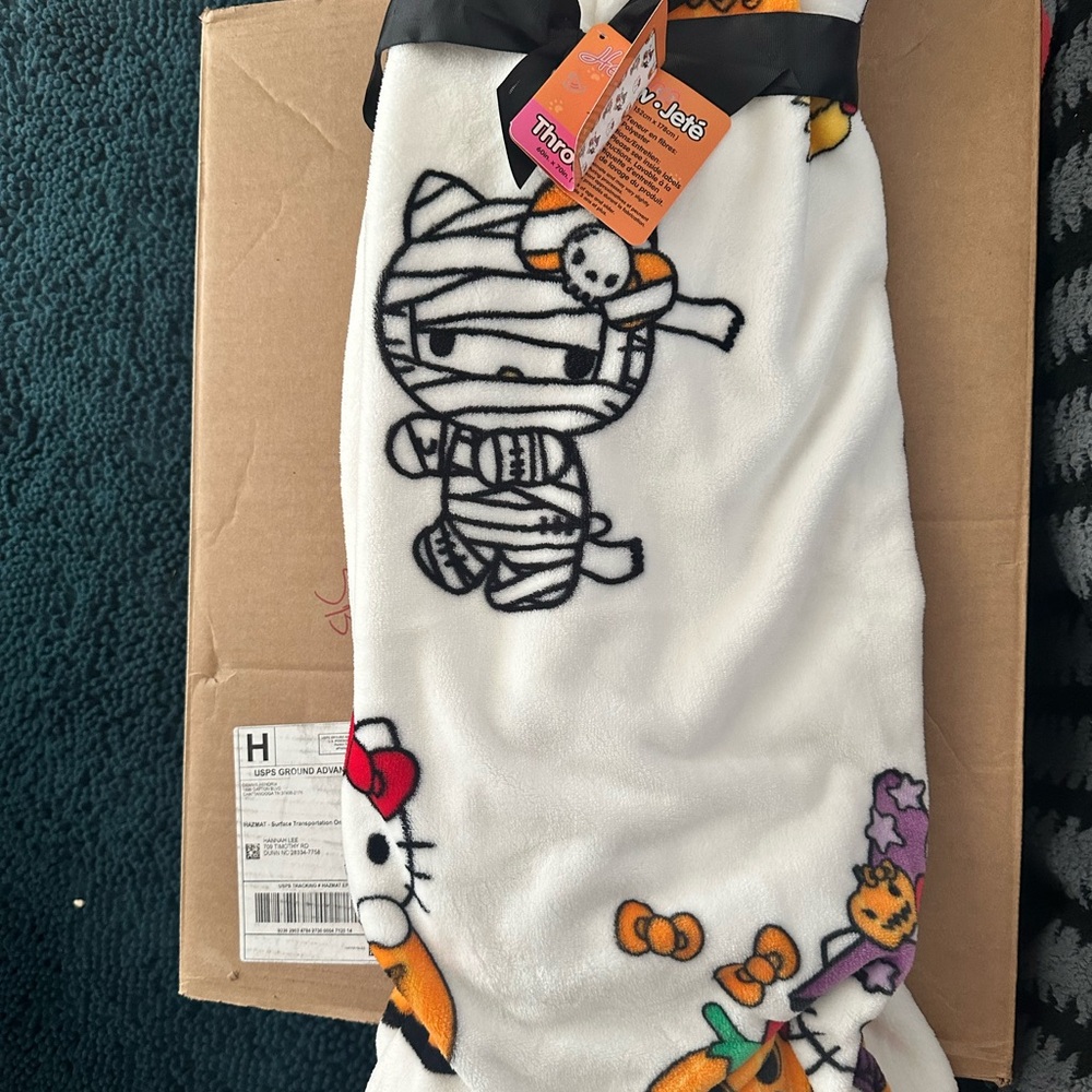 Hello Kitty Halloween Throw Blanket - Black, White, Orange
